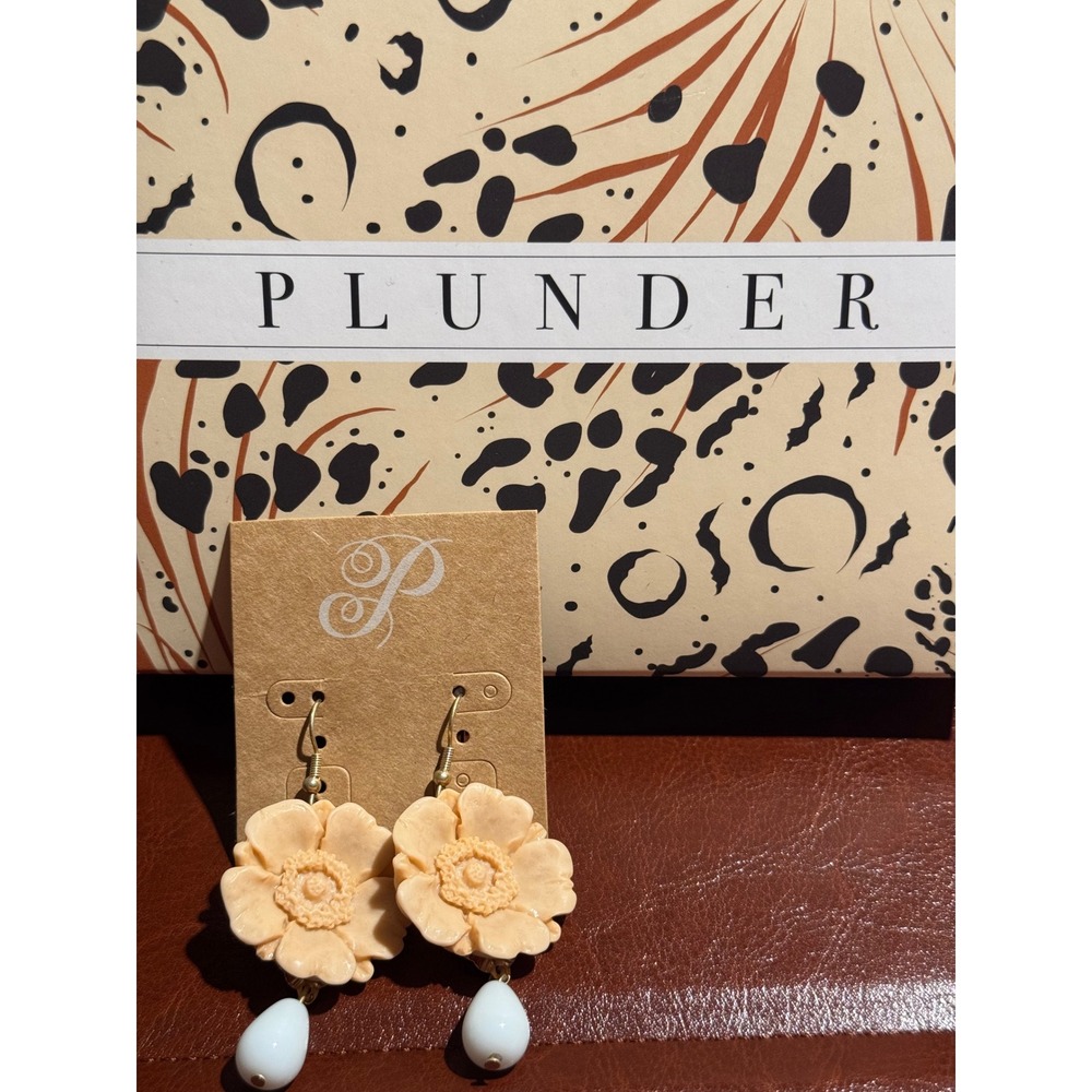 Plunder Design Peach Floral Drop Earrings White Teardrop Bead Gold Tone Hooks